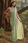 Buy_Sana Barreja_Green Georgette V Neck Nohree Pre-draped Saree With Blouse_at_Aza_Fashions