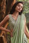 Sana Barreja_Green Georgette V Neck Nohree Pre-draped Saree With Blouse_Online_at_Aza_Fashions
