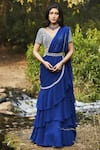 Buy_Sana Barreja_Blue Georgette V Neck Sidra Pre-draped Ruffle Saree Set  _at_Aza_Fashions