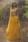 Buy_Sana Barreja_Yellow Georgette Leaf Neck Naazia Tiered Lehenga Set _at_Aza_Fashions
