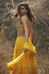 Shop_Sana Barreja_Yellow Georgette Leaf Neck Naazia Tiered Lehenga Set _at_Aza_Fashions