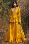 Buy_Sana Barreja_Yellow Georgette V Neck Irene Embroidered Tunic Lehenga Set _Online_at_Aza_Fashions