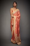 Buy_RI.Ritu Kumar_Coral Silk Satin Embroidered Saree With Unstitched Blouse _at_Aza_Fashions