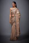 Buy_RI.Ritu Kumar_Beige Silk Satin Floral Saree_at_Aza_Fashions