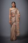 Shop_RI.Ritu Kumar_Beige Silk Satin Floral Saree_at_Aza_Fashions