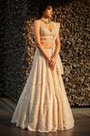 Buy_Seema Gujral_Gold Net Dupatta Tulle V Neck Bead Embellished Bridal Lehenga Set_at_Aza_Fashions