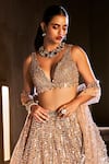 Shop_Seema Gujral_Gold Net Embroidery V Neck Embellished Bridal Lehenga Set _Online_at_Aza_Fashions