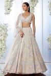 Buy_Seema Gujral_Beige Net Embroidered Floral Leaf Neck Bridal Lehenga Set _at_Aza_Fashions