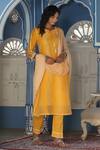 BAIRAAS_Yellow Cotton Printed Leaf Round Kurta Pant Set_Online_at_Aza_Fashions
