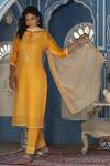 Shop_BAIRAAS_Yellow Cotton Printed Leaf Round Kurta Pant Set_Online_at_Aza_Fashions