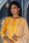 BAIRAAS_Yellow Cotton Printed Leaf Round Kurta Pant Set_at_Aza_Fashions