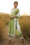 Shop_BAIRAAS_Green Cotton Lurex Embroidered Chikankari Notched Kurta Palazzo Set_at_Aza_Fashions