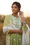 BAIRAAS_Green Cotton Lurex Embroidered Chikankari Notched Kurta Palazzo Set_at_Aza_Fashions