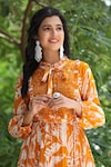 BAIRAAS_Yellow Mulmul Printed Leaf Tie-up Dress_at_Aza_Fashions