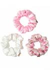 Shop_Hair Drama CO_White Printed Flamingo Satin Scrunchies Set Of 3_at_Aza_Fashions
