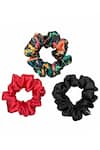 Shop_Hair Drama CO_Black Printed Satin Scrunchies Set Of 3_at_Aza_Fashions