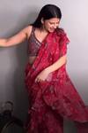 Buy_Awigna_Fuchsia Blouse Net, Saree Crepe Floral, Gulmarg Ruffle Pre-draped With_Online_at_Aza_Fashions