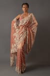 Buy_Aangan by Parul_Red Organza Tissue Embroidered Chevron Leaf Neck Saree With Blouse  _at_Aza_Fashions