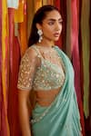 Shop_Label Sanya Gulati_Green Georgette Embroidered Sequins Pre-draped Ruffle Saree With Beaded Blouse _at_Aza_Fashions