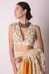 Shop_Shwetanga_White Organic And Embroidery Fringe V Neck Saree With Blouse _Online_at_Aza_Fashions