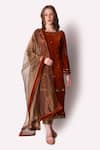 Buy_Shwetanga_Brown Tissue Embroidery Zardozi Boat Neck Velvet Kurta Set _at_Aza_Fashions