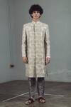 Mitesh Lodha_Grey Raw Silk Embroidered Sherwani  _Online_at_Aza_Fashions