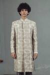 Buy_Mitesh Lodha_Grey Raw Silk Embroidered Sherwani  _at_Aza_Fashions