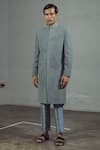 Mitesh Lodha_Grey Raw Silk Embroidered Sherwani  _Online_at_Aza_Fashions