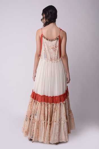 Shop_Shwetanga_White Organic Cotton Floral Motifs, Metal, Shell Boat Neck Printed Dress _at_Aza_Fashions