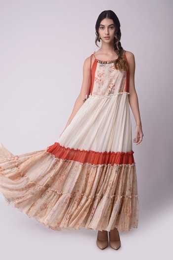 Buy_Shwetanga_White Organic Cotton Floral Motifs, Metal, Shell Boat Neck Printed Dress _at_Aza_Fashions