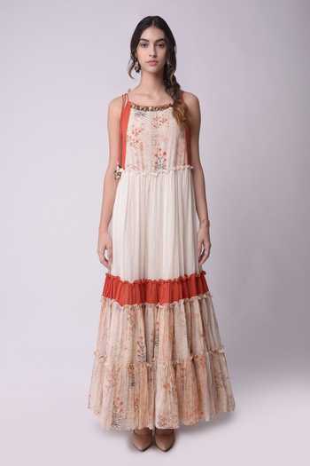 Shop_Shwetanga_White Organic Cotton Floral Motifs, Metal, Shell Boat Neck Printed Dress _Online_at_Aza_Fashions