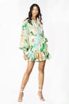 Buy_Mandira Wirk_Green Cotton Lurex Printed Tropical Motifs Band Collar Shirt Dress _at_Aza_Fashions