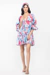 Buy_Mandira Wirk Resort_Pink Satin Tropical Motifs V Neck Print Tiered Dress _at_Aza_Fashions