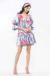 Buy_Mandira Wirk Resort_Pink Satin Tropical Motifs V Neck Print Tiered Dress _Online_at_Aza_Fashions