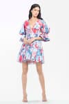 Shop_Mandira Wirk Resort_Pink Satin Tropical Motifs V Neck Print Tiered Dress _Online_at_Aza_Fashions
