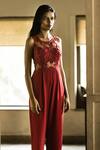 Buy_Samatvam By Anjali Bhaskar_Maroon Tulle, Viscose Georgette Round Embellished Jumpsuit _at_Aza_Fashions