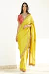 Buy_Romaa_Yellow Dupion Embroidered Zardozi Work V Neck Hand Saree With Blouse  _at_Aza_Fashions