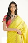 Romaa_Yellow Dupion Embroidered Zardozi Work V Neck Hand Saree With Blouse  _Online_at_Aza_Fashions