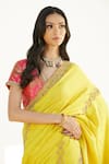 Buy_Romaa_Yellow Dupion Embroidered Zardozi Work V Neck Hand Saree With Blouse  _Online_at_Aza_Fashions