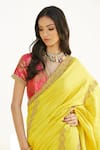 Romaa_Yellow Dupion Embroidered Zardozi Work V Neck Hand Saree With Blouse  _at_Aza_Fashions