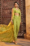 Buy_Supria Munjal_Green Organza And Raw Silk Buti V Neck Asymmetric Cape & Pant Set _at_Aza_Fashions