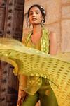Shop_Supria Munjal_Green Organza And Raw Silk Buti V Neck Asymmetric Cape & Pant Set _at_Aza_Fashions