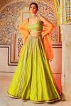 Buy_Supria Munjal_Green Raw Silk Cord And Sequin Square Neck Embroidered Lehenga Set _at_Aza_Fashions