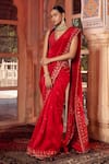 Buy_Supria Munjal_Red Raw Silk And Organza Embroidery Thread V Neck Saree With Blouse  _at_Aza_Fashions