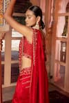 Supria Munjal_Red Raw Silk And Organza Embroidery Thread V Neck Saree With Blouse  _Online_at_Aza_Fashions