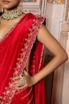 Buy_Supria Munjal_Red Raw Silk And Organza Embroidery Thread V Neck Saree With Blouse  _Online_at_Aza_Fashions