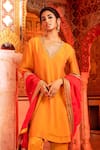 Supria Munjal_Yellow Satin Georgette And Organza Embroidery Bead V Neck Kurta Pant Set  _Online_at_Aza_Fashions