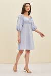Meadow Blue Cotton Poplin Floral Scoop Neck Sierra Ruched Dress Online at Aza Fashions Meadow_Blue Cotton Poplin Floral Scoop Neck Sierra Ruched Dress_Online_at_Aza_Fashions
