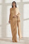 431-88 by Shweta Kapur_Gold Satin Noor Fringe Pre- Draped Saree And Jacket Set_Online_at_Aza_Fashions