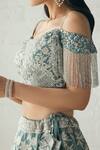 Studio Iris India Blue Georgette Cold Shoulder Embroidered Lehenga Set at Aza Fashions Studio Iris India_Blue Georgette Cold Shoulder Embroidered Lehenga Set_at_Aza_Fashions